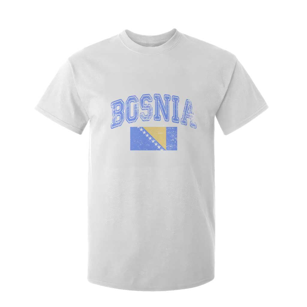 Classic Distressed Bosnia National Flag Varsity Style T Shirt For Kid Sports Fan Athletic Graphic