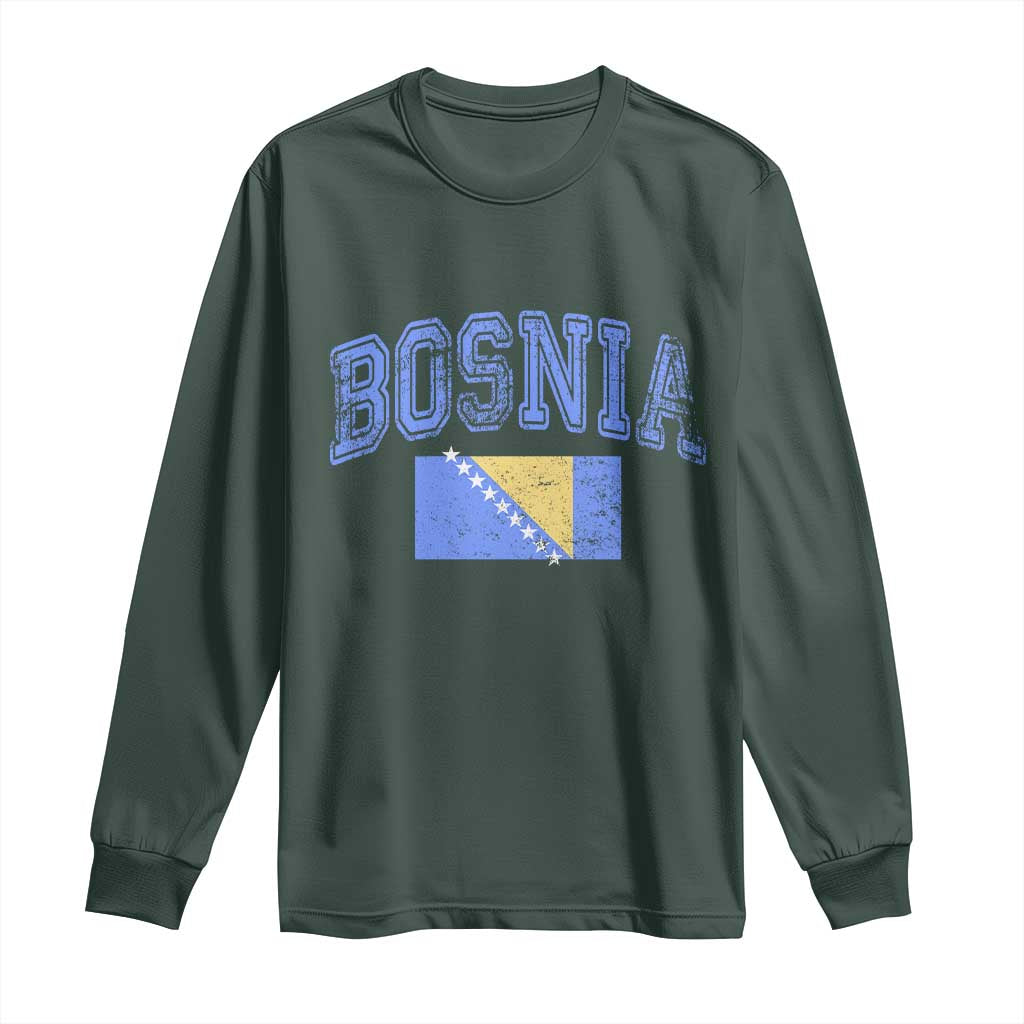 Classic Distressed Bosnia National Flag Varsity Style Long Sleeve Shirt Sports Fan Athletic Graphic