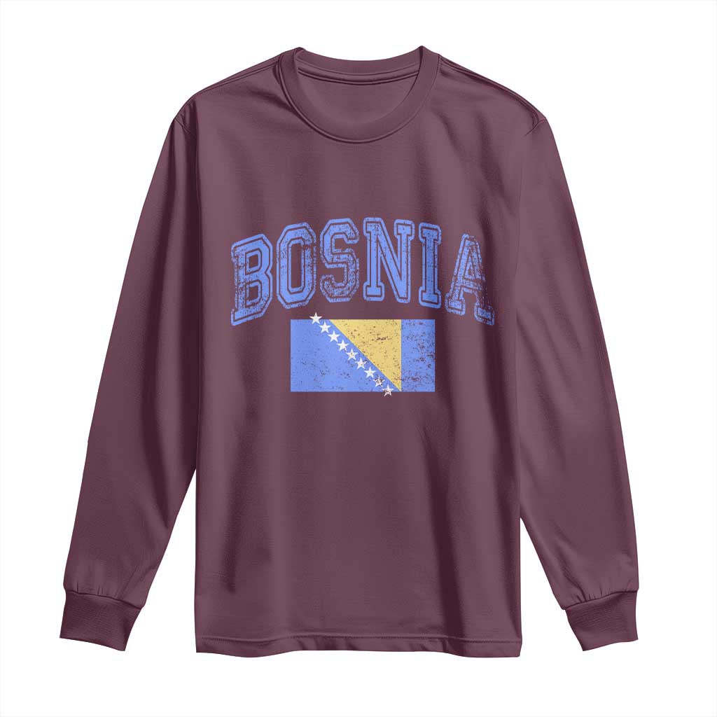 Classic Distressed Bosnia National Flag Varsity Style Long Sleeve Shirt Sports Fan Athletic Graphic