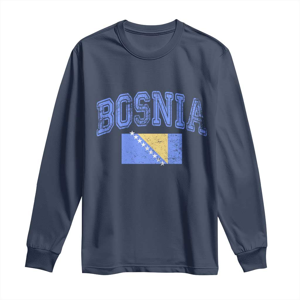 Classic Distressed Bosnia National Flag Varsity Style Long Sleeve Shirt Sports Fan Athletic Graphic TS02 Navy Print Your Wear