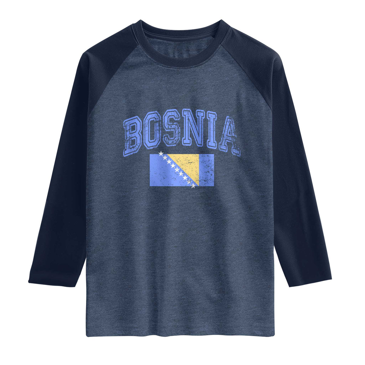 Classic Distressed Bosnia National Flag Varsity Style Raglan Shirt Sports Fan Athletic Graphic