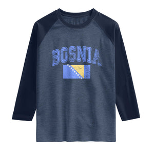 Classic Distressed Bosnia National Flag Varsity Style Raglan Shirt Sports Fan Athletic Graphic