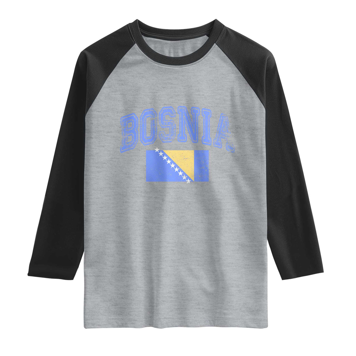 Classic Distressed Bosnia National Flag Varsity Style Raglan Shirt Sports Fan Athletic Graphic