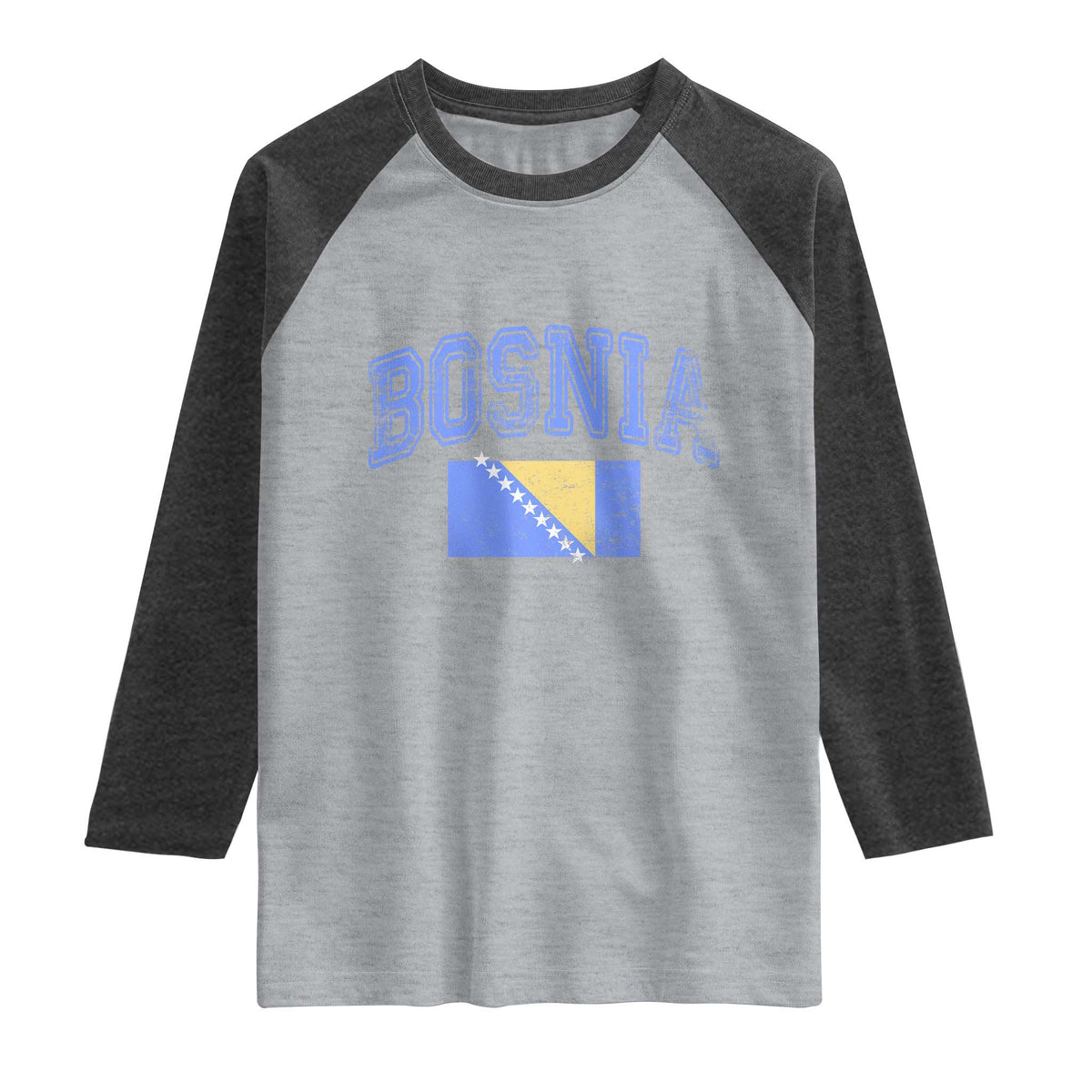 Classic Distressed Bosnia National Flag Varsity Style Raglan Shirt Sports Fan Athletic Graphic