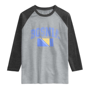 Classic Distressed Bosnia National Flag Varsity Style Raglan Shirt Sports Fan Athletic Graphic