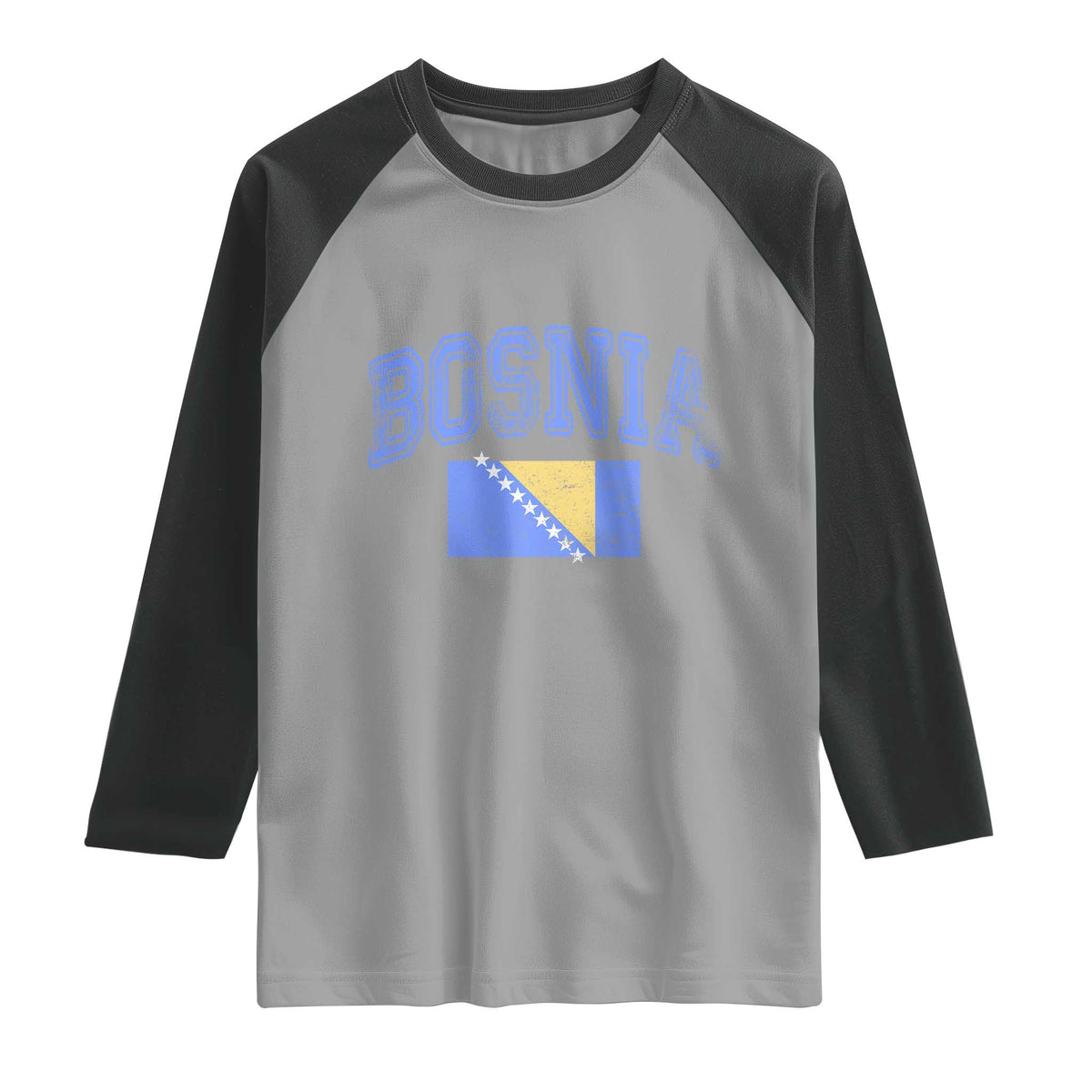 Classic Distressed Bosnia National Flag Varsity Style Raglan Shirt Sports Fan Athletic Graphic