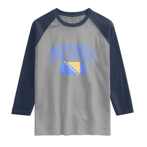 Classic Distressed Bosnia National Flag Varsity Style Raglan Shirt Sports Fan Athletic Graphic