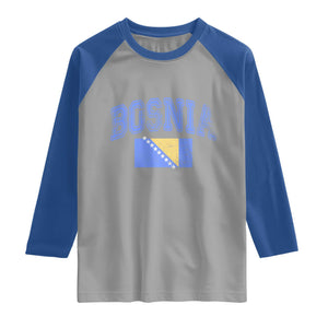 Classic Distressed Bosnia National Flag Varsity Style Raglan Shirt Sports Fan Athletic Graphic
