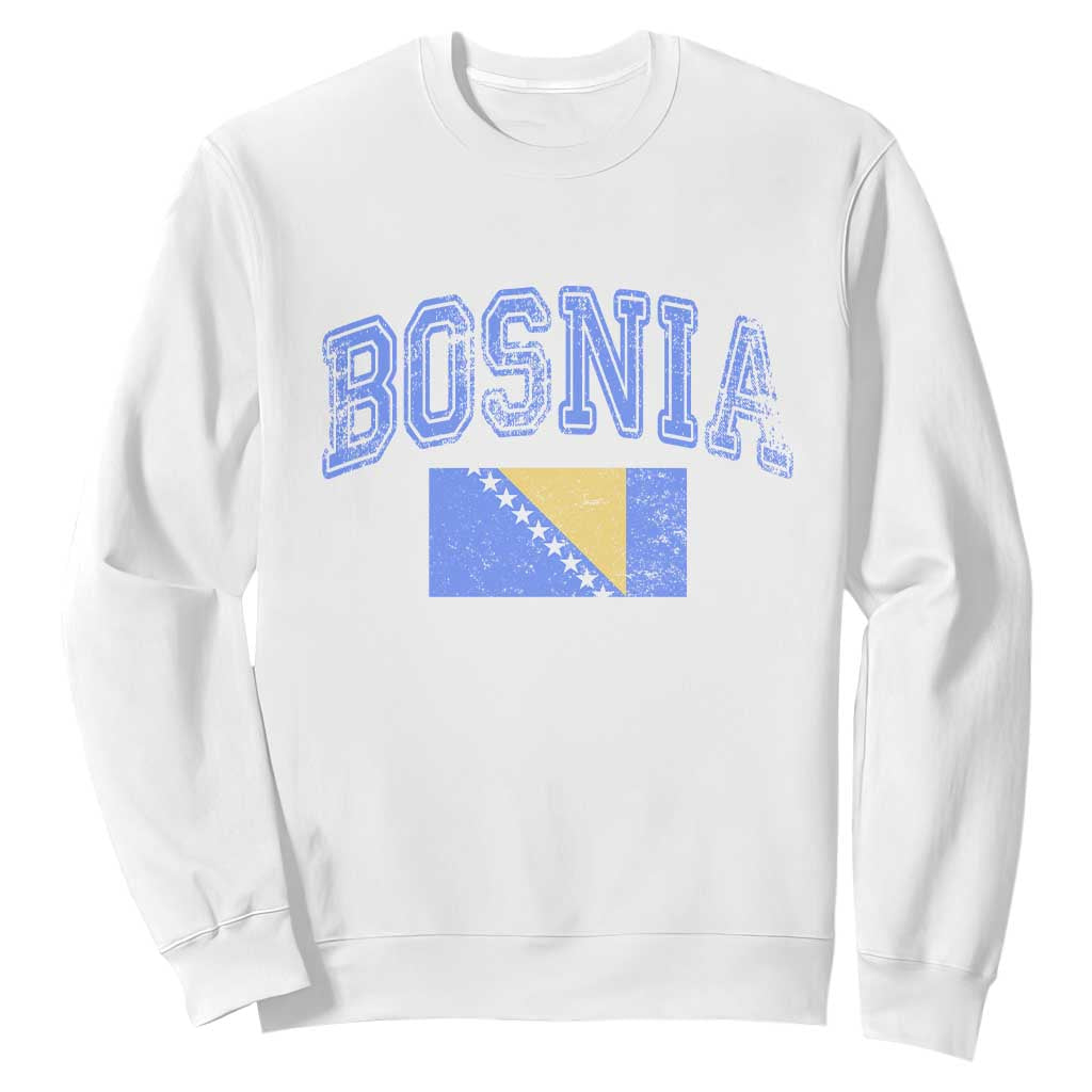 Classic Distressed Bosnia National Flag Varsity Style Sweatshirt Sports Fan Athletic Graphic
