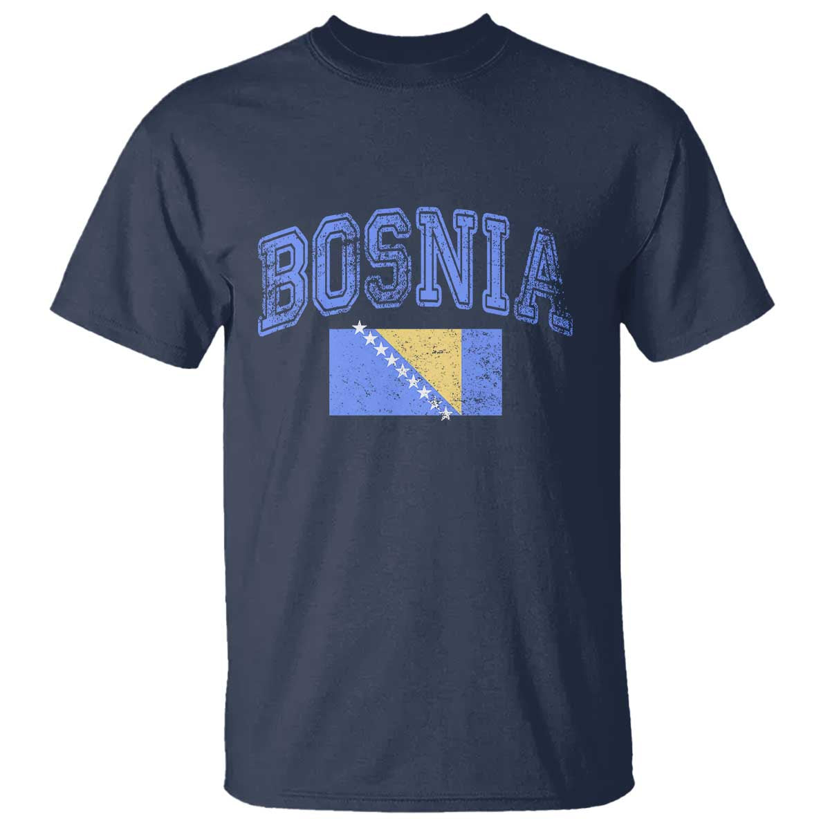 Classic Distressed Bosnia National Flag Varsity Style T Shirt Sports Fan Athletic Graphic TS02 Navy Print Your Wear