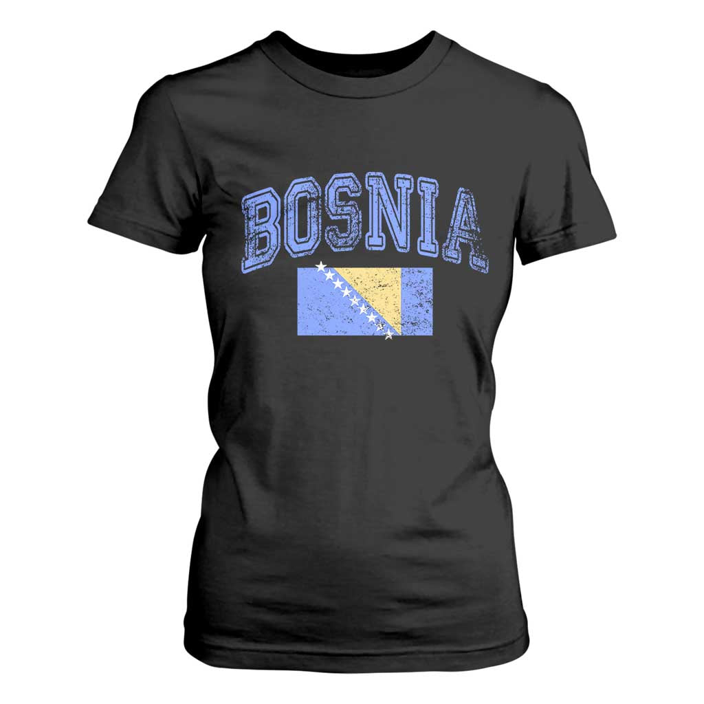 Classic Distressed Bosnia National Flag Varsity Style T Shirt For Women Sports Fan Athletic Graphic