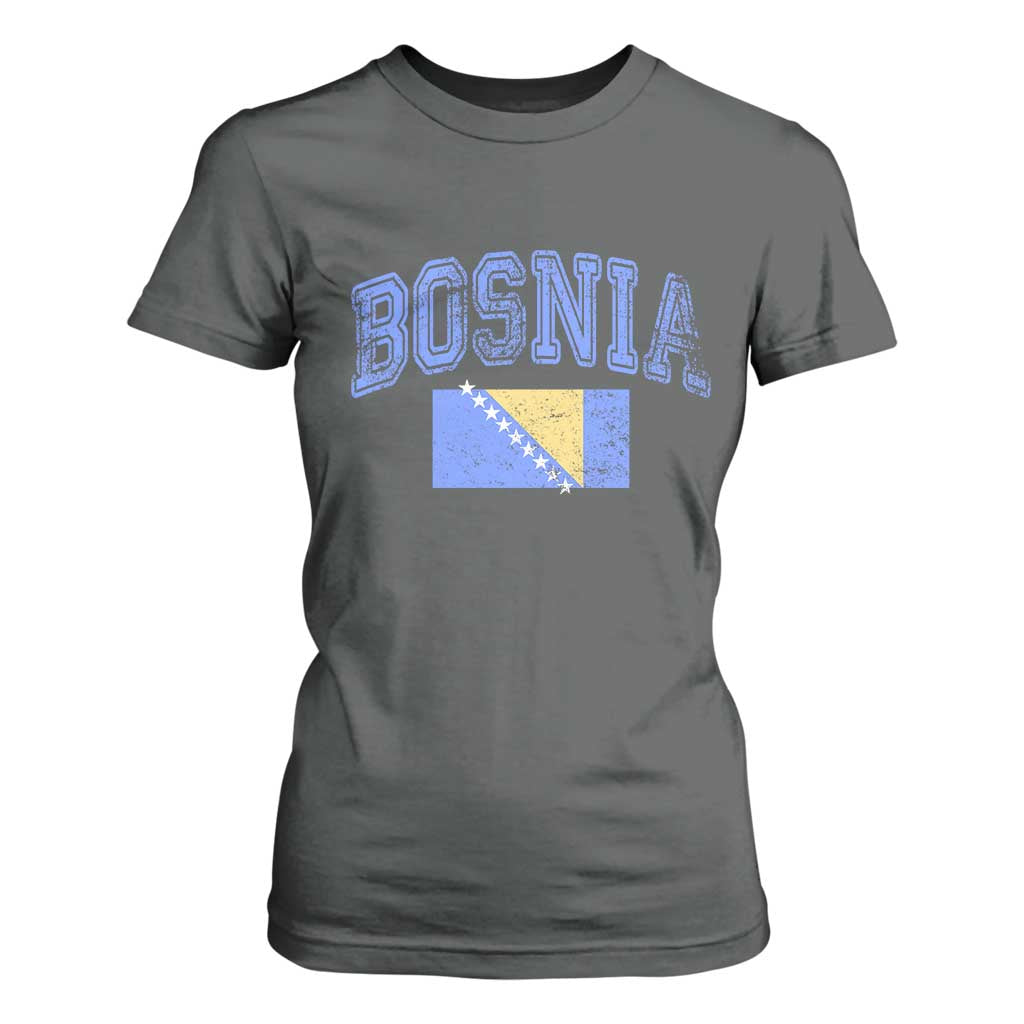 Classic Distressed Bosnia National Flag Varsity Style T Shirt For Women Sports Fan Athletic Graphic