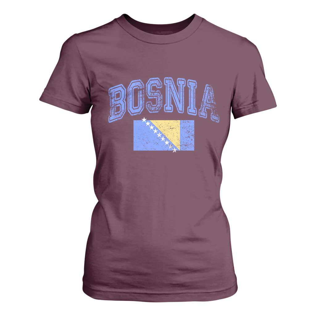 Classic Distressed Bosnia National Flag Varsity Style T Shirt For Women Sports Fan Athletic Graphic