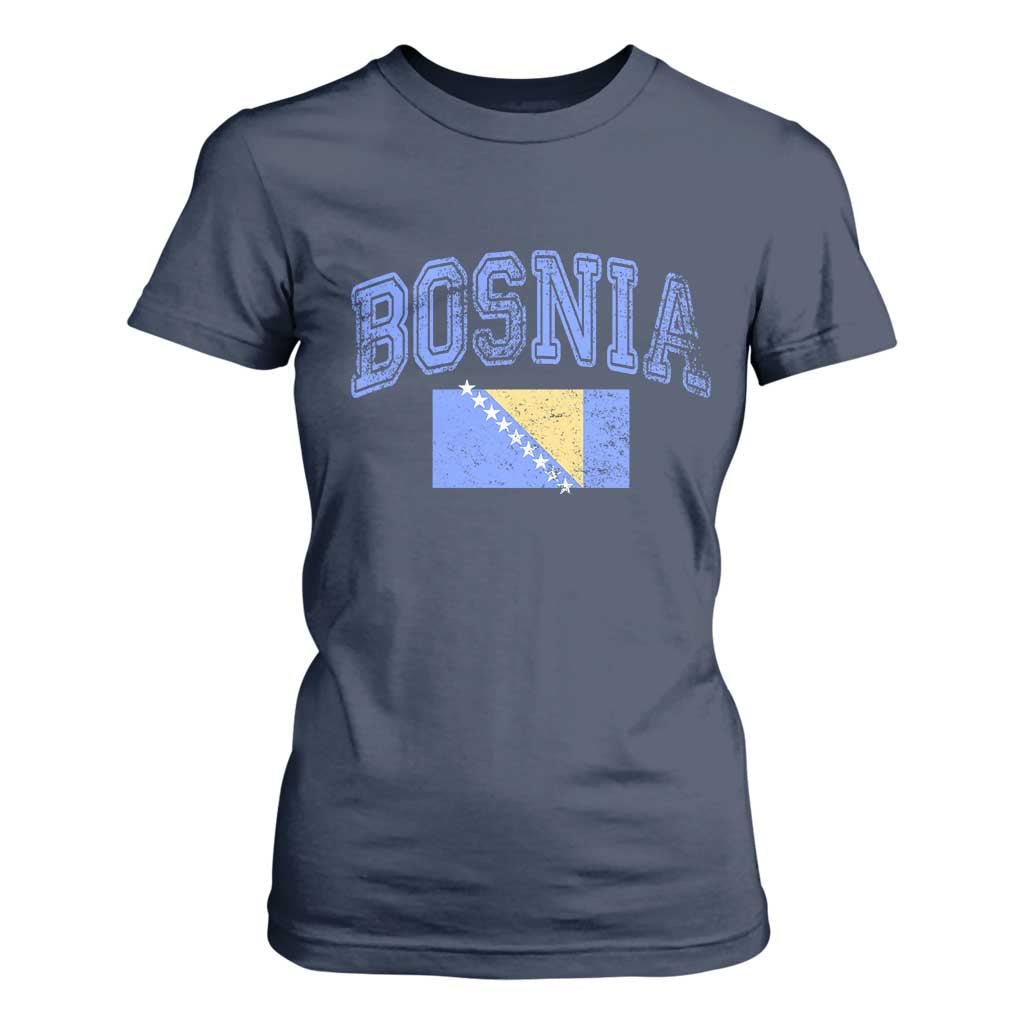 Classic Distressed Bosnia National Flag Varsity Style T Shirt For Women Sports Fan Athletic Graphic TS02 Navy Print Your Wear