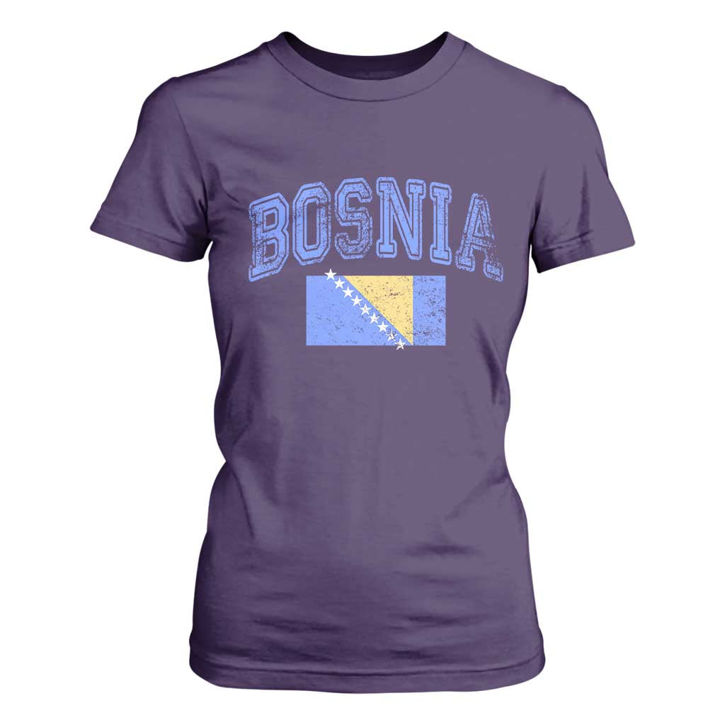 Classic Distressed Bosnia National Flag Varsity Style T Shirt For Women Sports Fan Athletic Graphic