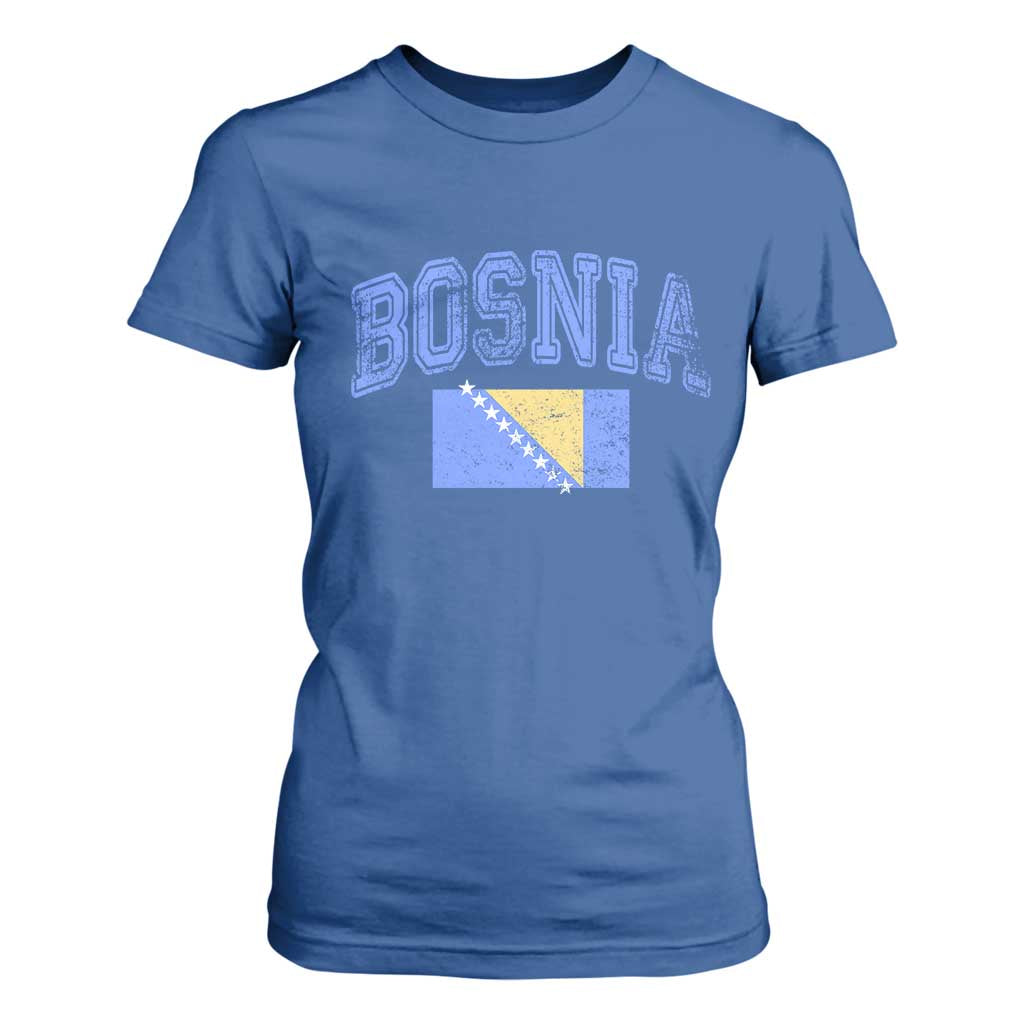 Classic Distressed Bosnia National Flag Varsity Style T Shirt For Women Sports Fan Athletic Graphic
