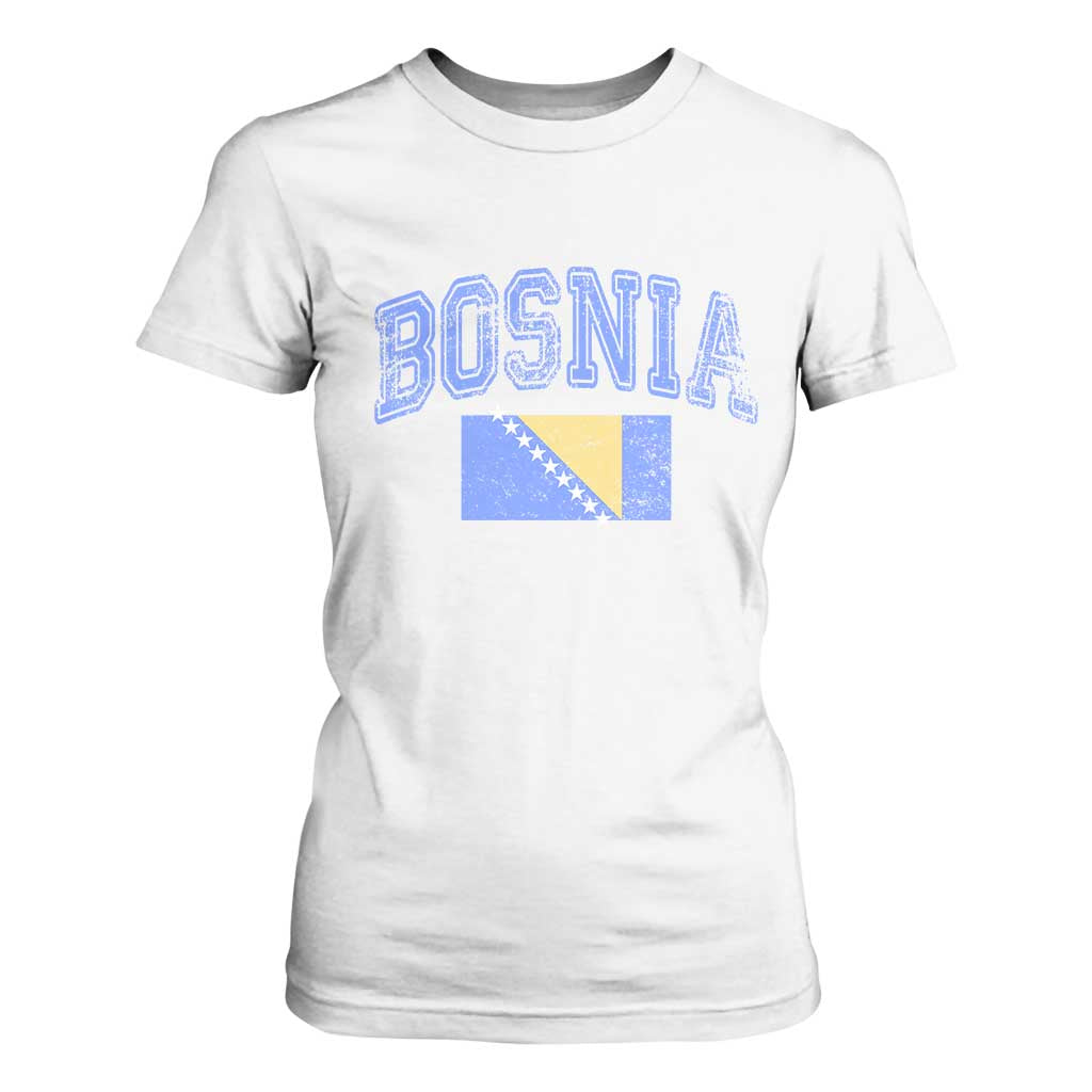 Classic Distressed Bosnia National Flag Varsity Style T Shirt For Women Sports Fan Athletic Graphic