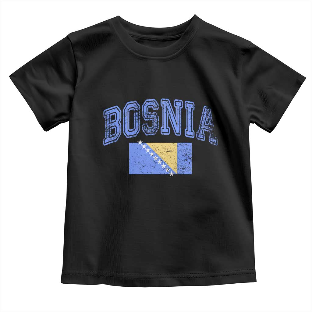 Classic Distressed Bosnia National Flag Varsity Style Toddler T Shirt Sports Fan Athletic Graphic TS02 Black Print Your Wear
