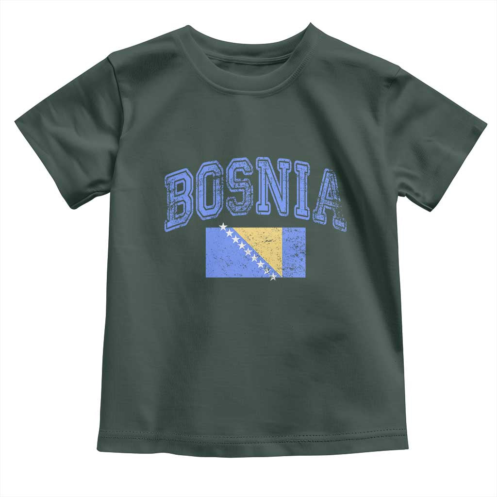 Classic Distressed Bosnia National Flag Varsity Style Toddler T Shirt Sports Fan Athletic Graphic TS02 Dark Forest Green Print Your Wear