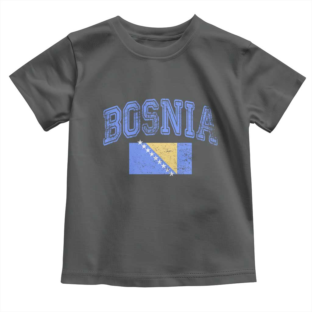 Classic Distressed Bosnia National Flag Varsity Style Toddler T Shirt Sports Fan Athletic Graphic TS02 Dark Heather Print Your Wear