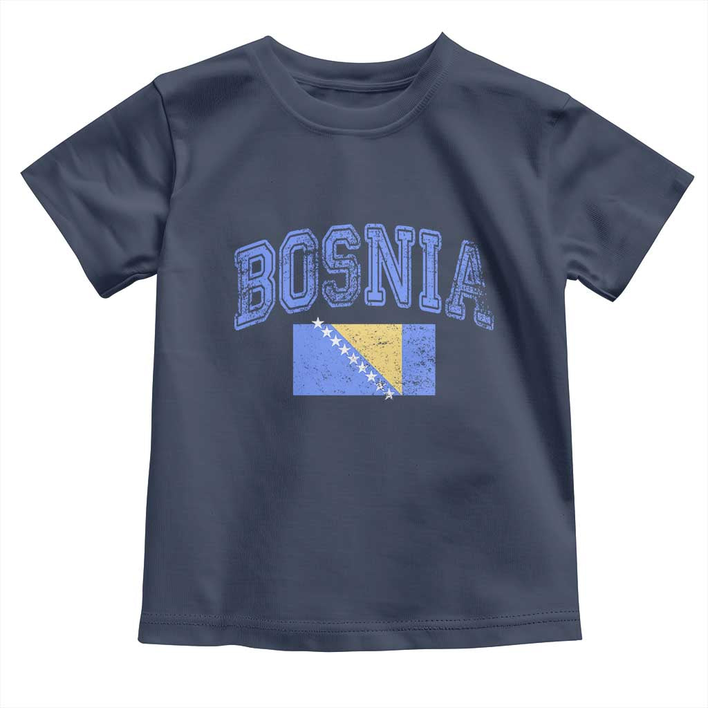 Classic Distressed Bosnia National Flag Varsity Style Toddler T Shirt Sports Fan Athletic Graphic TS02 Navy Print Your Wear