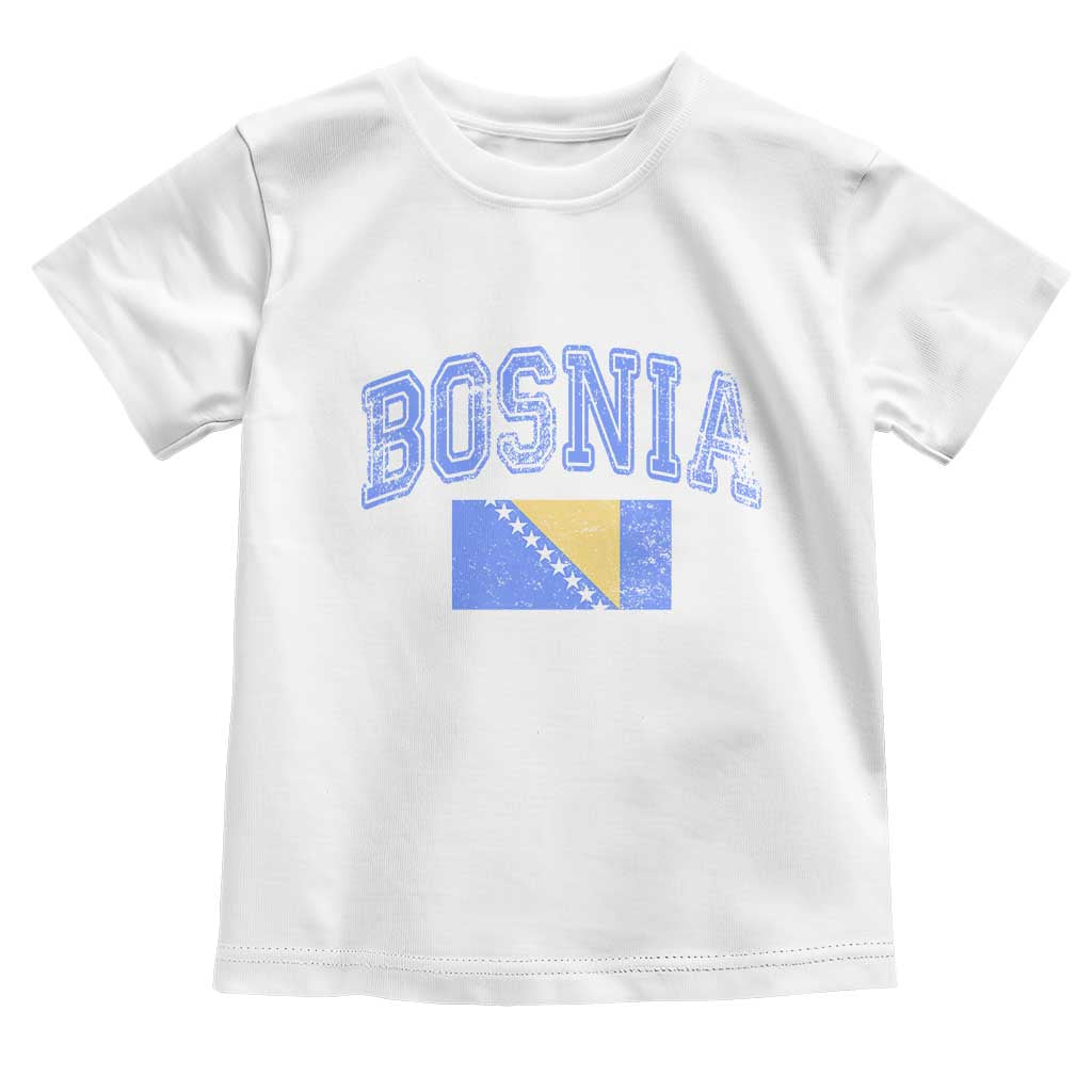 Classic Distressed Bosnia National Flag Varsity Style Toddler T Shirt Sports Fan Athletic Graphic TS02 White Print Your Wear