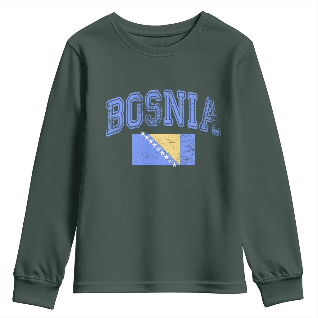 Classic Distressed Bosnia National Flag Varsity Style Youth Sweatshirt Sports Fan Athletic Graphic