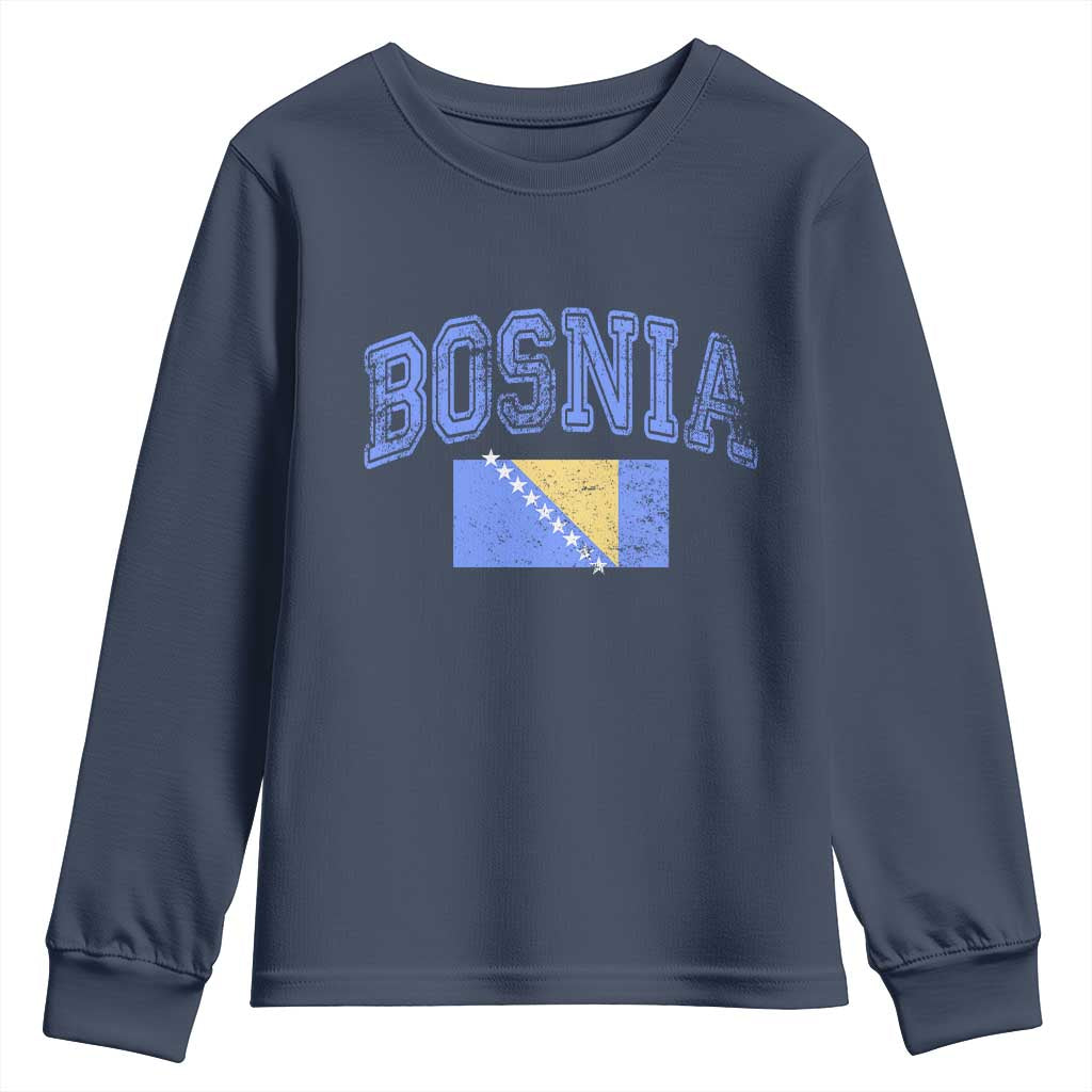 Classic Distressed Bosnia National Flag Varsity Style Youth Sweatshirt Sports Fan Athletic Graphic