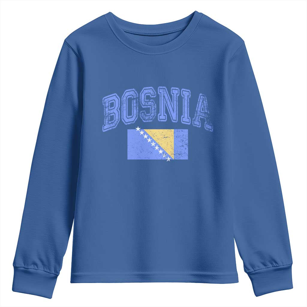 Classic Distressed Bosnia National Flag Varsity Style Youth Sweatshirt Sports Fan Athletic Graphic