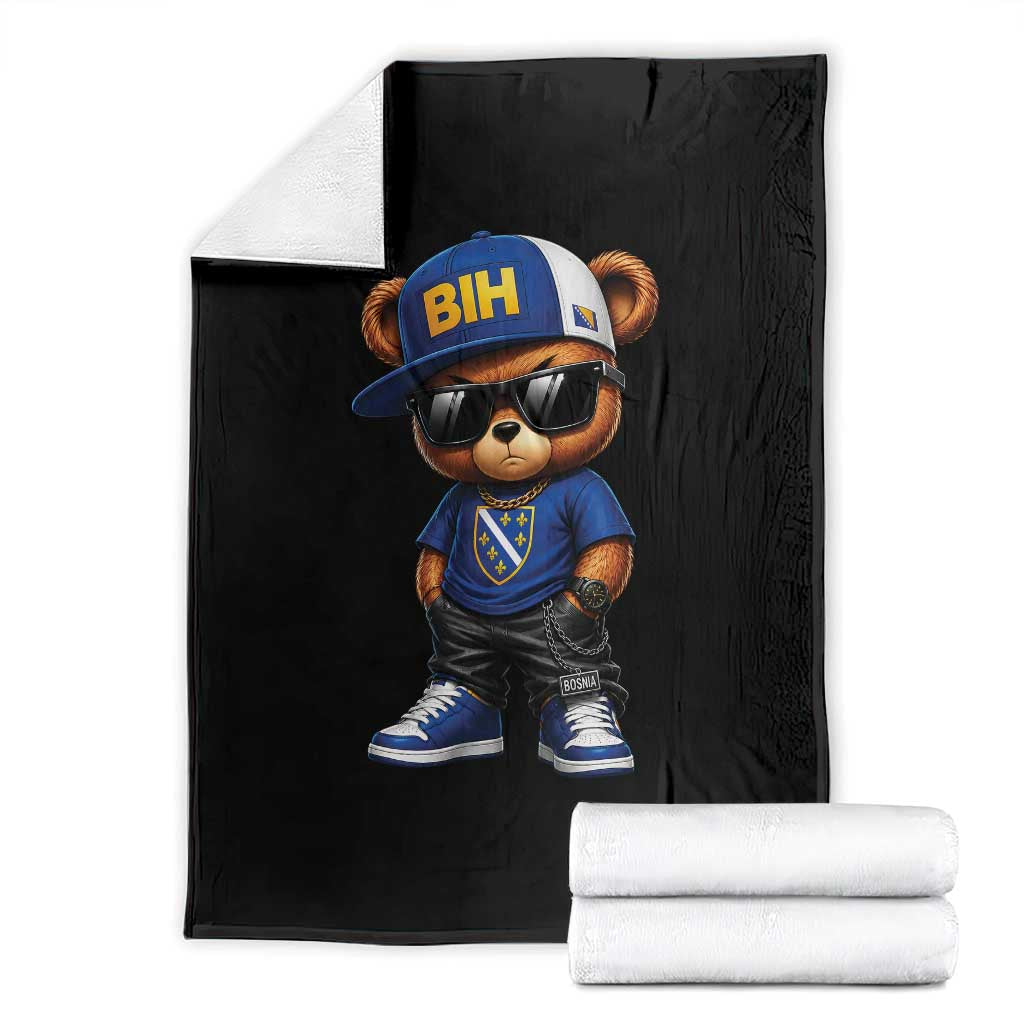 BIH Bosnia Teddy Bear Graphic Throw Blanket Golden Lily Heritage Urban Streetwear Style