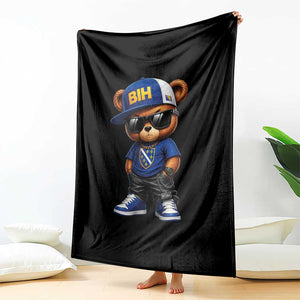 BIH Bosnia Teddy Bear Graphic Throw Blanket Golden Lily Heritage Urban Streetwear Style