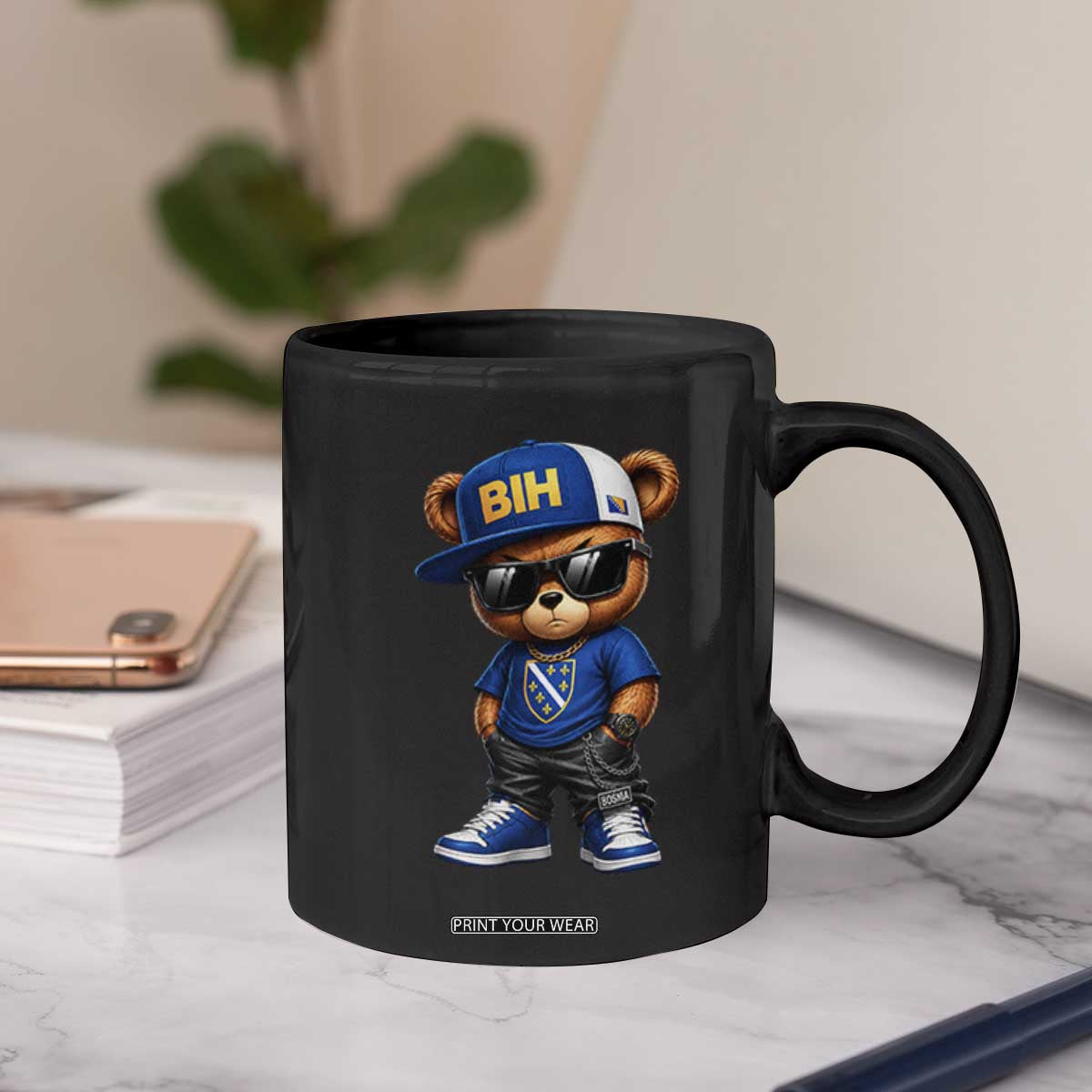 BIH Bosnia Teddy Bear Graphic Coffee Mug Golden Lily Heritage Urban Streetwear Style