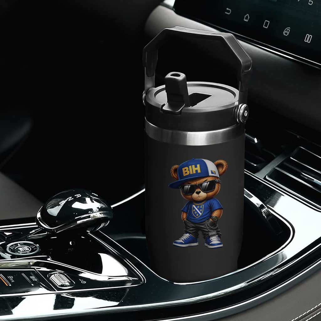 BIH Bosnia Teddy Bear Graphic Flip Straw Tumbler Golden Lily Heritage Urban Streetwear Style