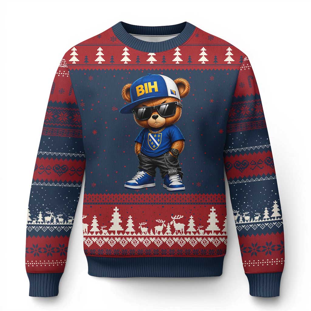 BIH Bosnia Teddy Bear Graphic Ugly Christmas Sweater Golden Lily Heritage Urban Streetwear Style TS02 Navy Red Print Your Wear