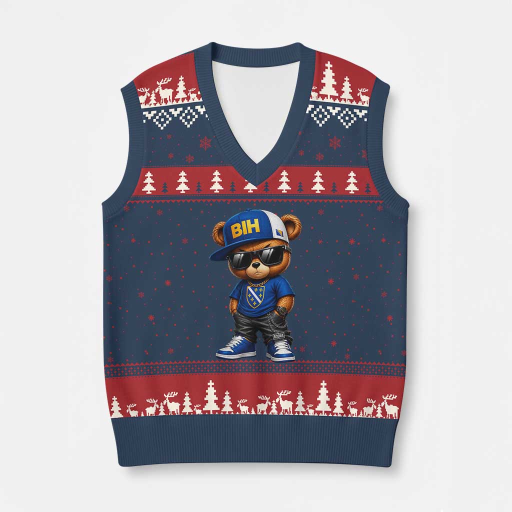 BIH Bosnia Teddy Bear Graphic V-Neck Knit Sweater Vest Golden Lily Heritage Urban Streetwear Style