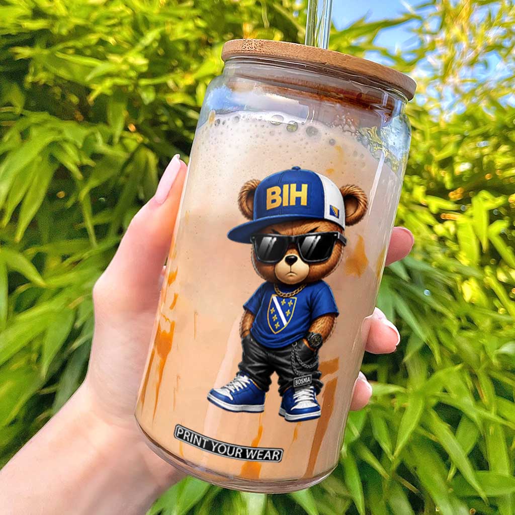 BIH Bosnia Teddy Bear Graphic Glass Can Golden Lily Heritage Urban Streetwear Style