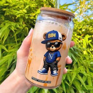BIH Bosnia Teddy Bear Graphic Glass Can Golden Lily Heritage Urban Streetwear Style