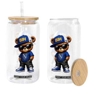 BIH Bosnia Teddy Bear Graphic Glass Can Golden Lily Heritage Urban Streetwear Style