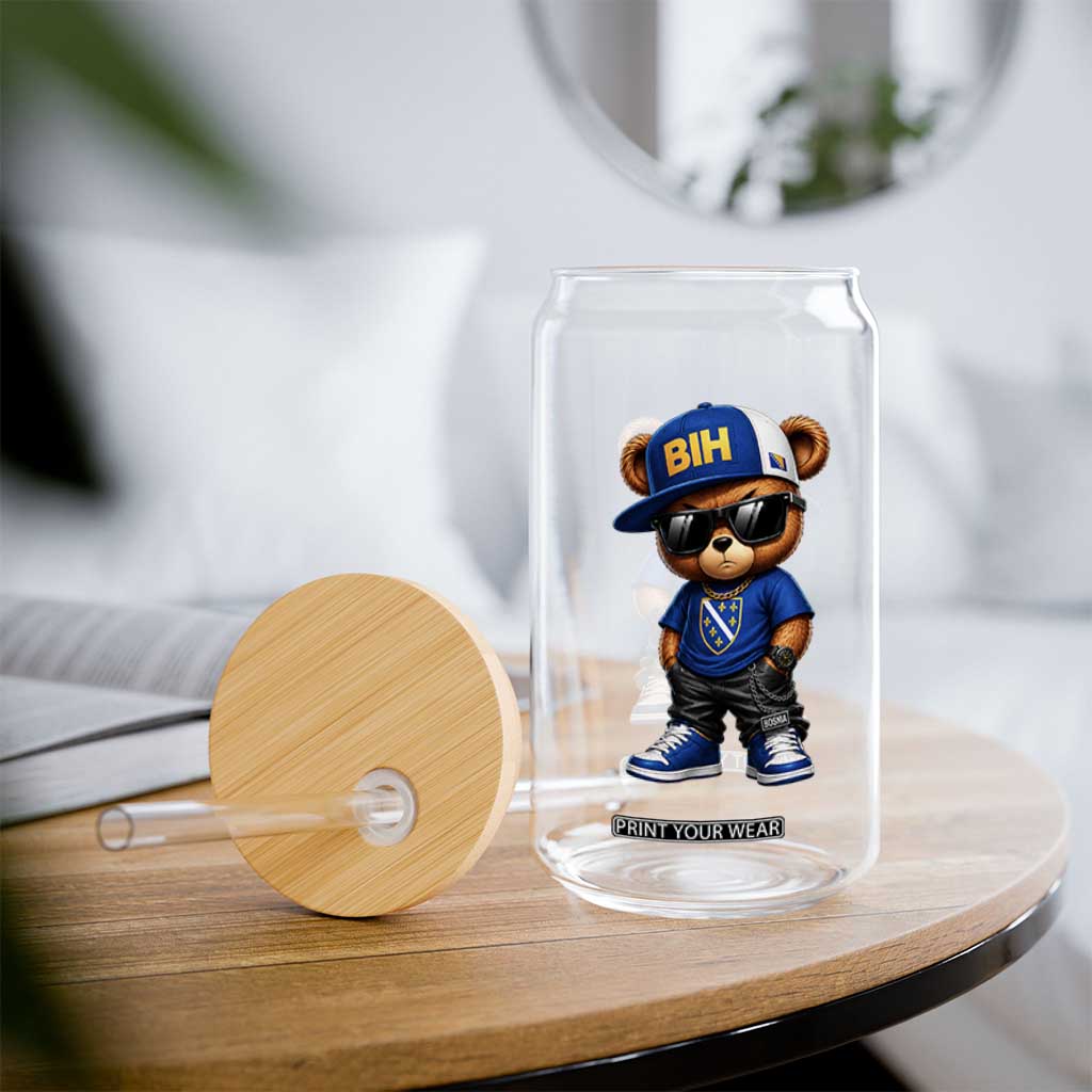 BIH Bosnia Teddy Bear Graphic Glass Can Golden Lily Heritage Urban Streetwear Style