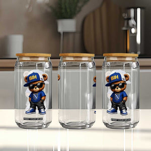 BIH Bosnia Teddy Bear Graphic Glass Can Golden Lily Heritage Urban Streetwear Style