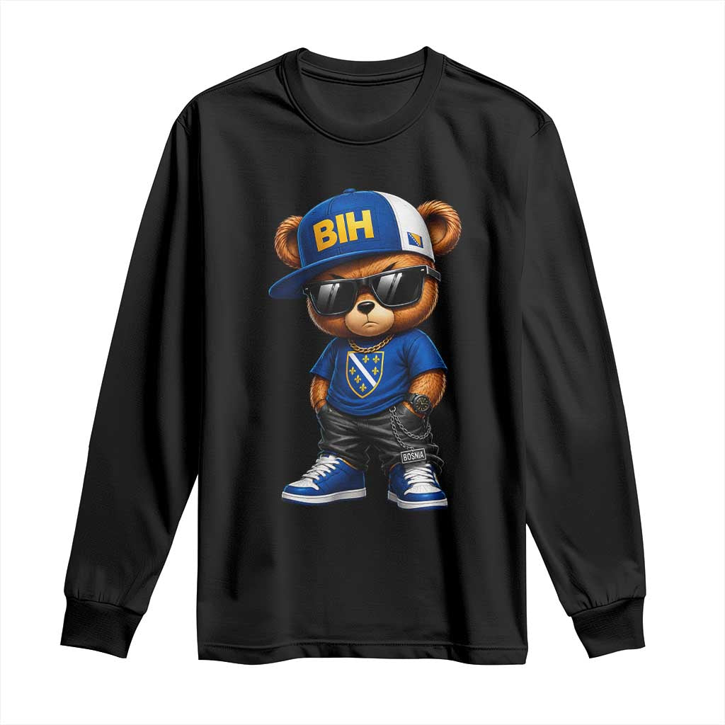 BIH Bosnia Teddy Bear Graphic Long Sleeve Shirt Golden Lily Heritage Urban Streetwear Style TS02 Black Print Your Wear