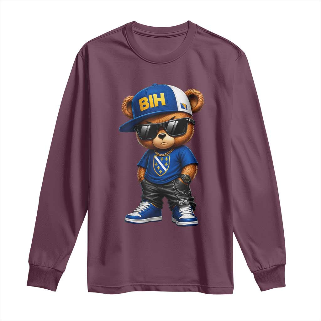 BIH Bosnia Teddy Bear Graphic Long Sleeve Shirt Golden Lily Heritage Urban Streetwear Style