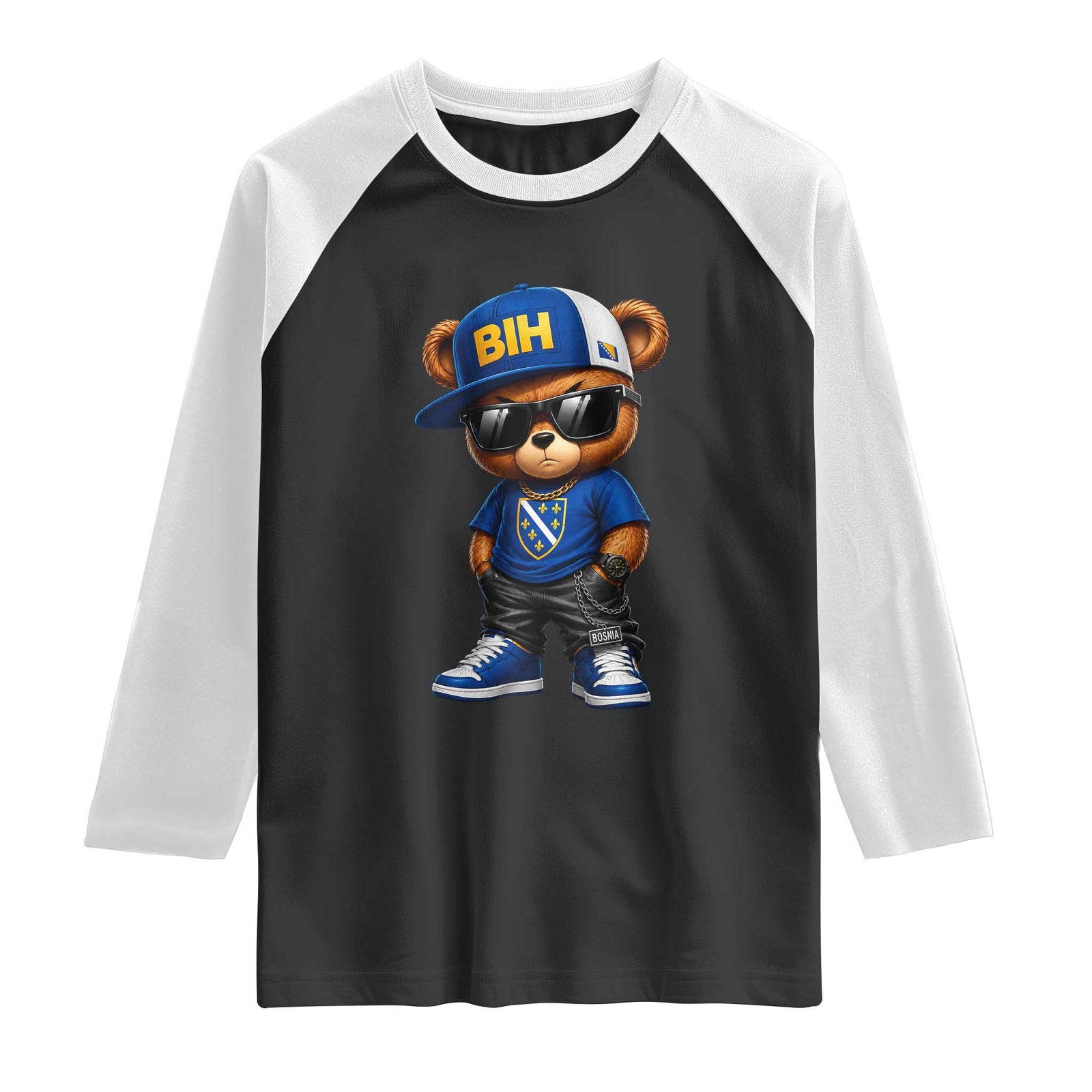 BIH Bosnia Teddy Bear Graphic Raglan Shirt Golden Lily Heritage Urban Streetwear Style TS02 Black White Print Your Wear