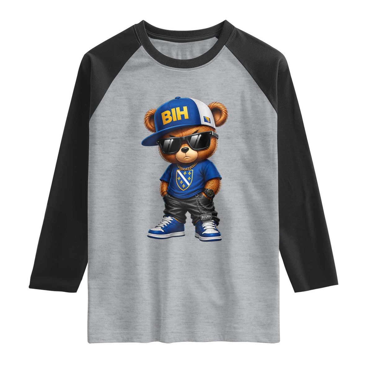 BIH Bosnia Teddy Bear Graphic Raglan Shirt Golden Lily Heritage Urban Streetwear Style