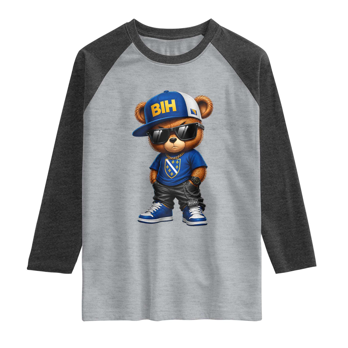BIH Bosnia Teddy Bear Graphic Raglan Shirt Golden Lily Heritage Urban Streetwear Style