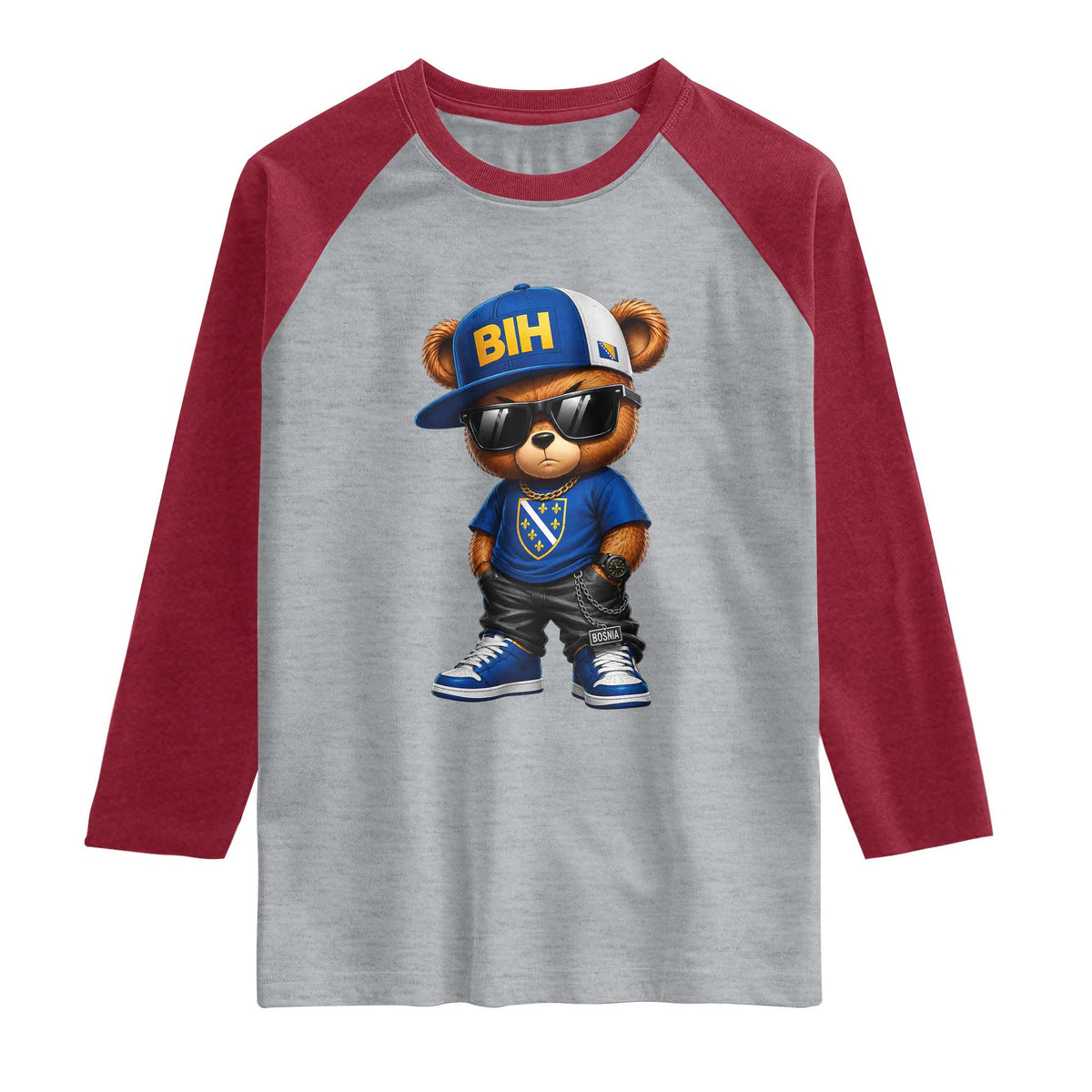 BIH Bosnia Teddy Bear Graphic Raglan Shirt Golden Lily Heritage Urban Streetwear Style