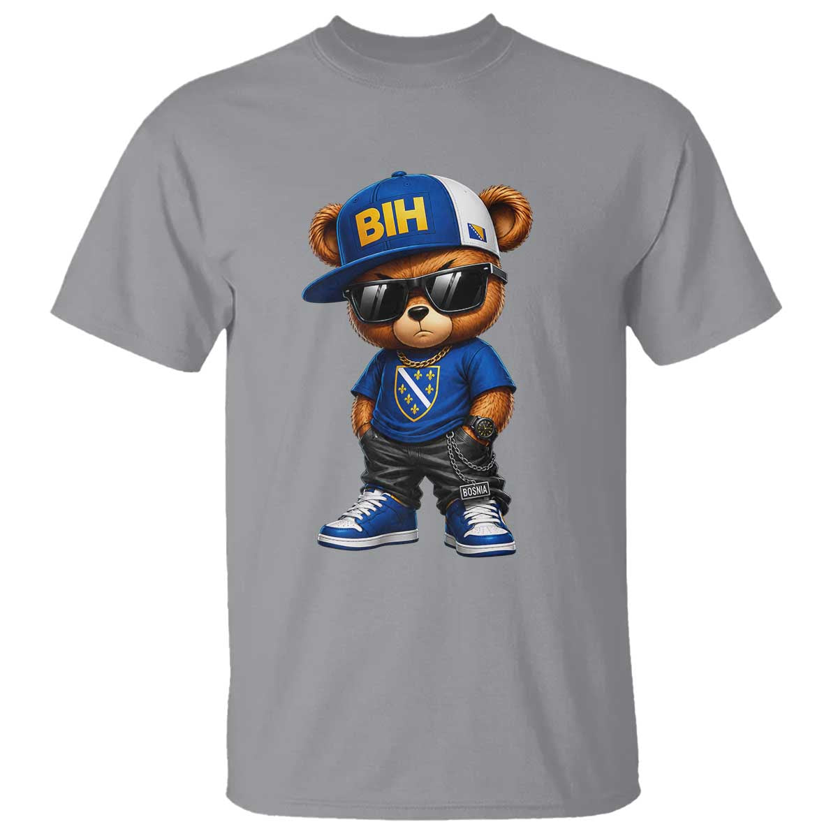 BIH Bosnia Teddy Bear Graphic T Shirt Golden Lily Heritage Urban Streetwear Style