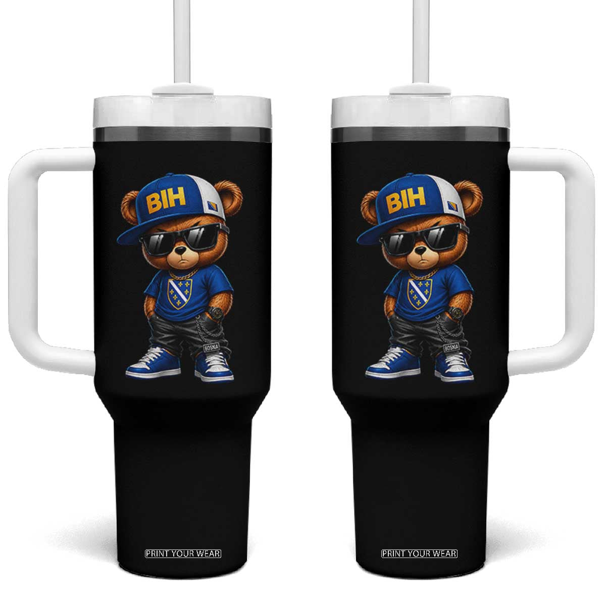 BIH Bosnia Teddy Bear Graphic Tumbler With Handle Golden Lily Heritage Urban Streetwear Style
