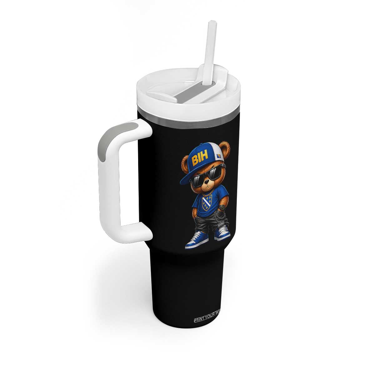 BIH Bosnia Teddy Bear Graphic Tumbler With Handle Golden Lily Heritage Urban Streetwear Style