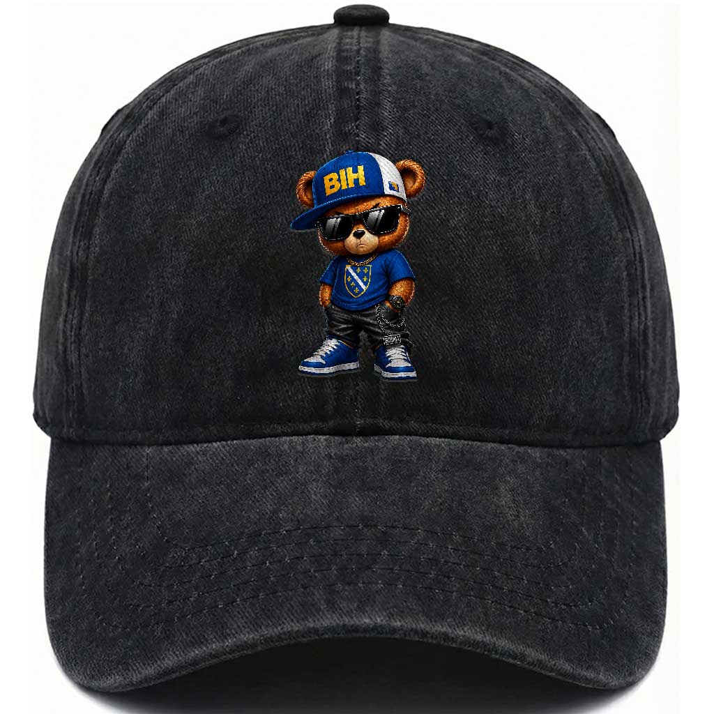 BIH Bosnia Teddy Bear Graphic Washed Cotton Baseball Cap Golden Lily Heritage Urban Streetwear Style